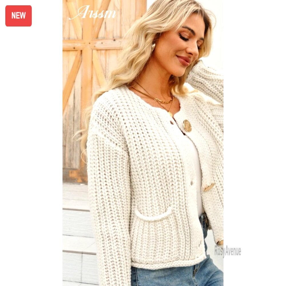 Cropped Cardigan Chunky Knit Open Front Button Down Oversized Y2K Chic - Picture 7 of 7